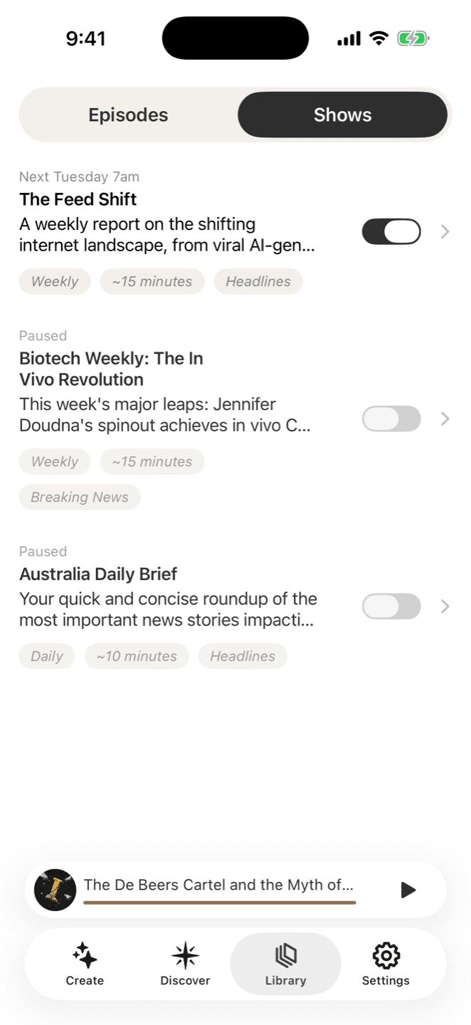 Fylom shows list with an active weekly show scheduled for Tuesday 7am