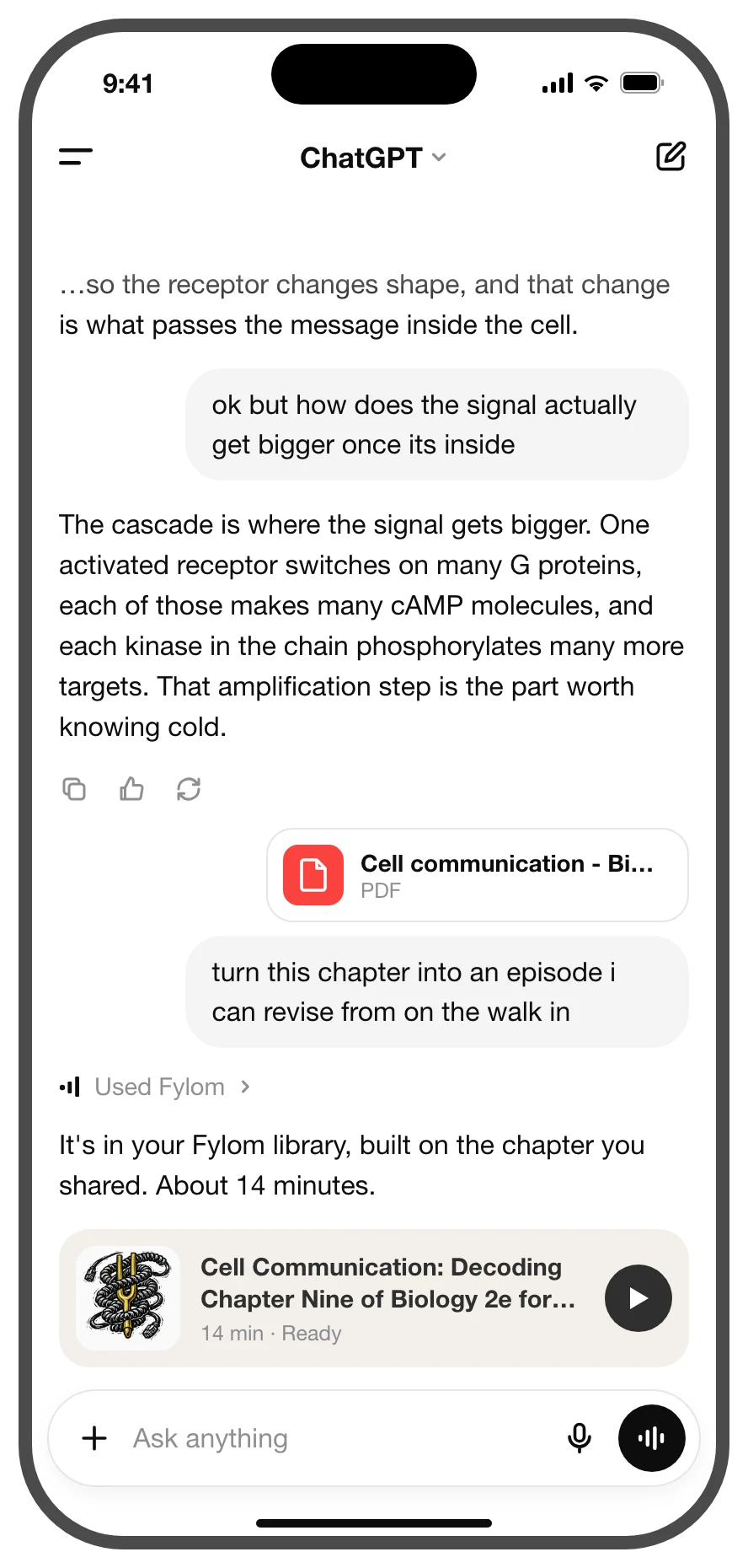 A ChatGPT chat on a phone: a PDF and a request, then Fylom's reply with the finished episode